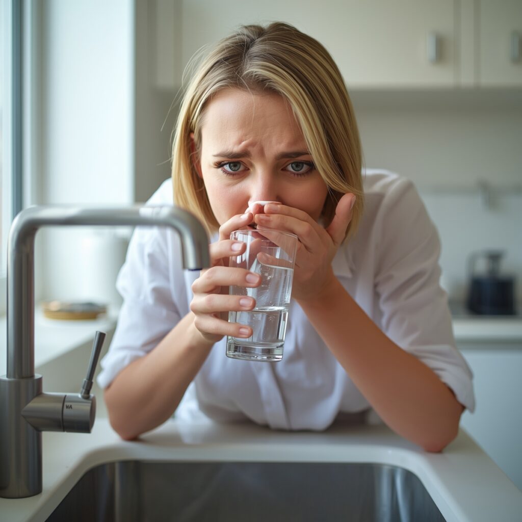 Person holding nose while holding glass of well water with sulfur smell in modern kitchen