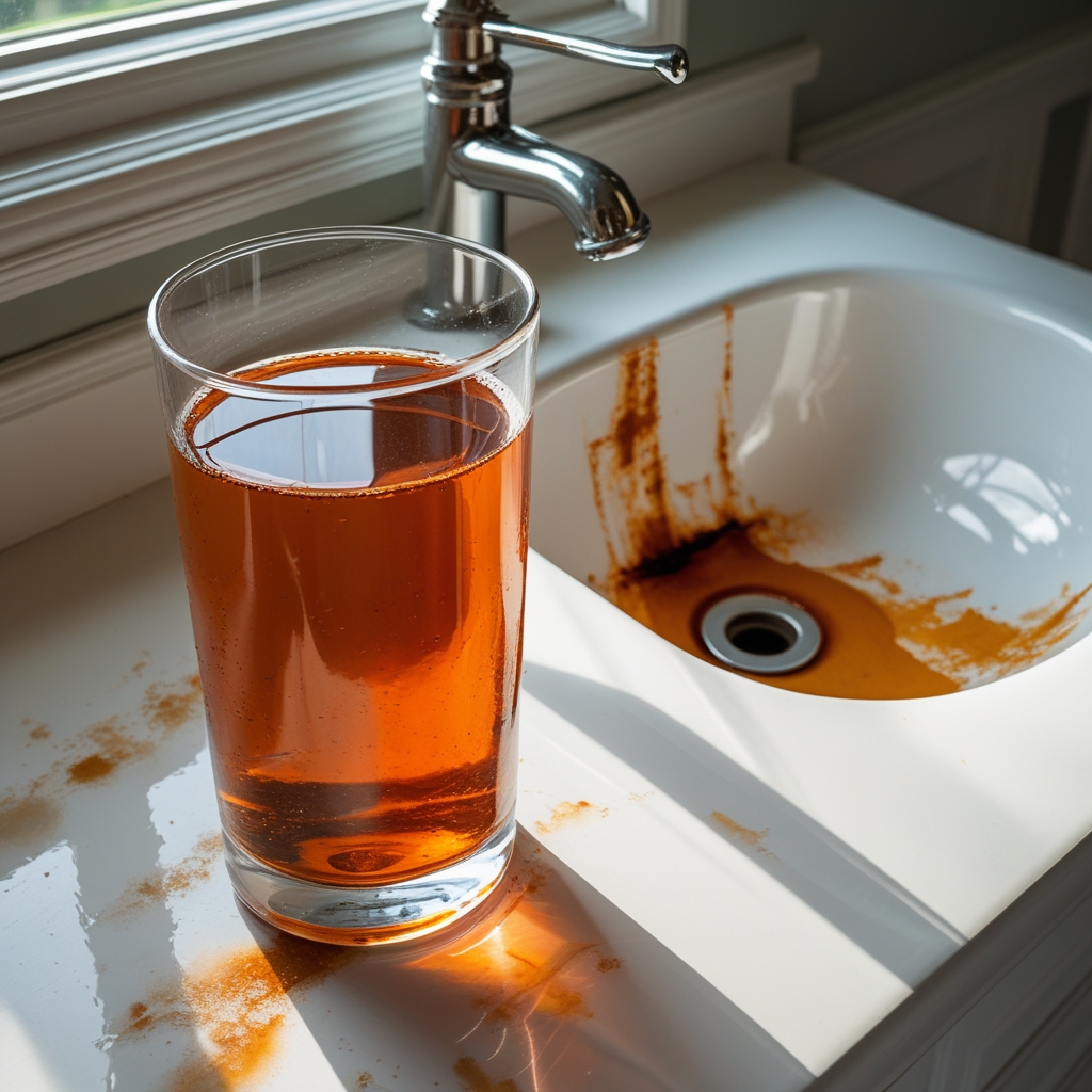 Glass of rusty orange well water showing iron contamination with stained white sink