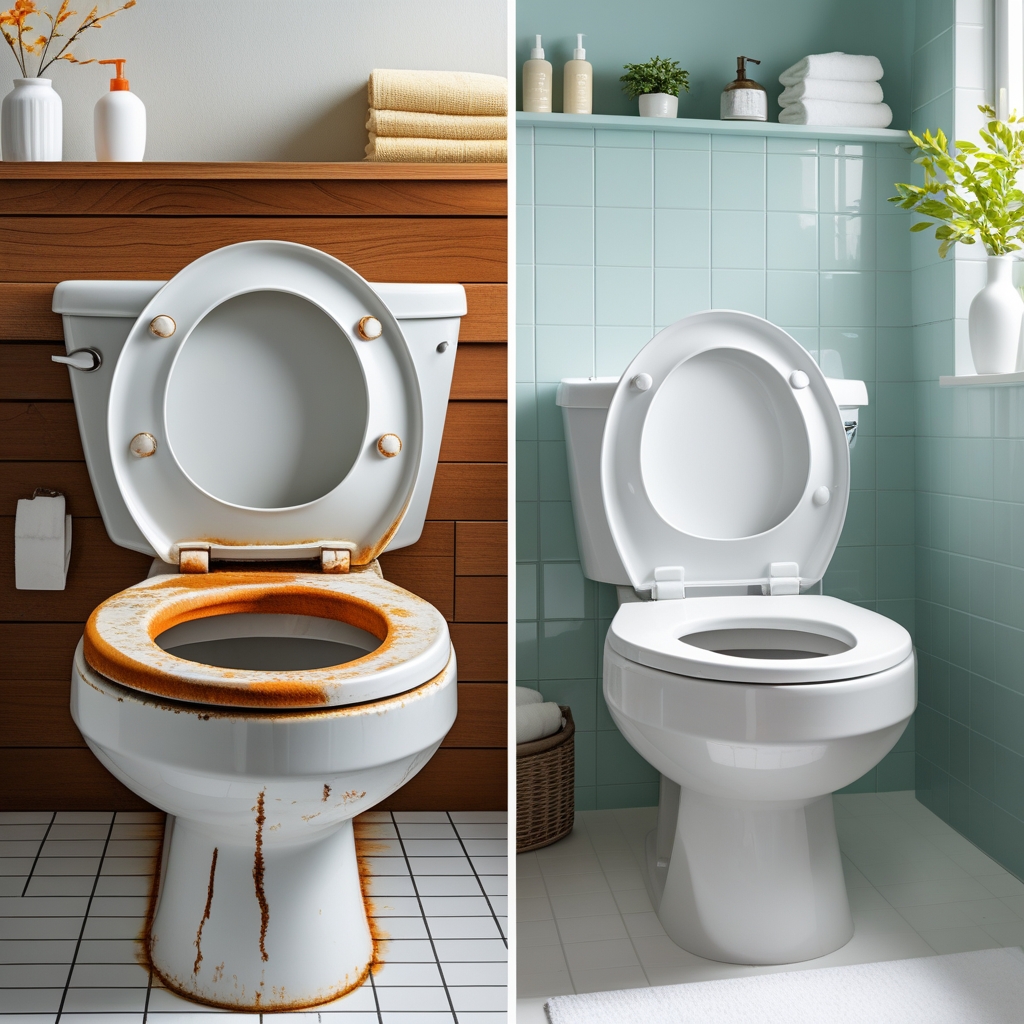 Before and after photos of toilet showing septic odor problem fixed