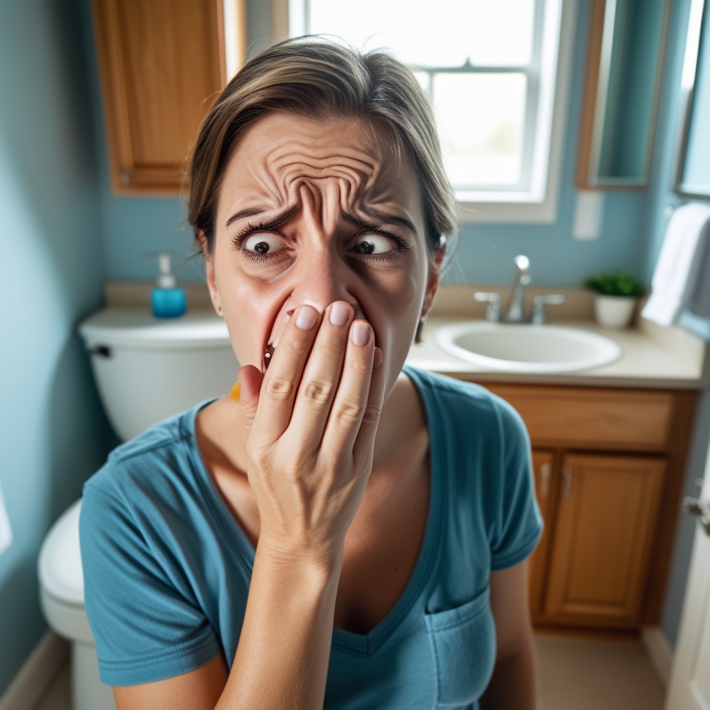 Homeowner holding nose due to septic tank odor smell in bathroom